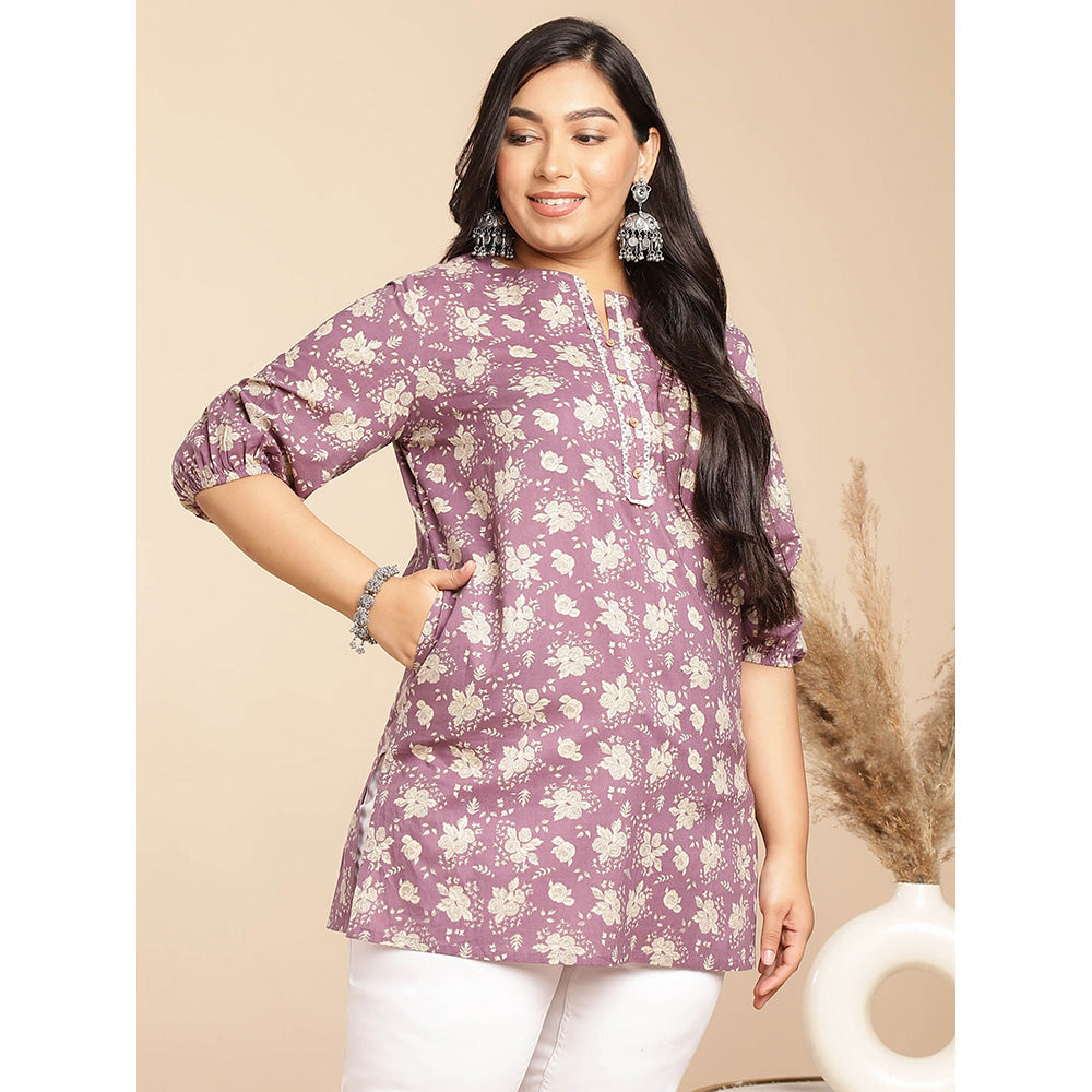 Janasya Women Purple Cotton Floral Printed Tunic