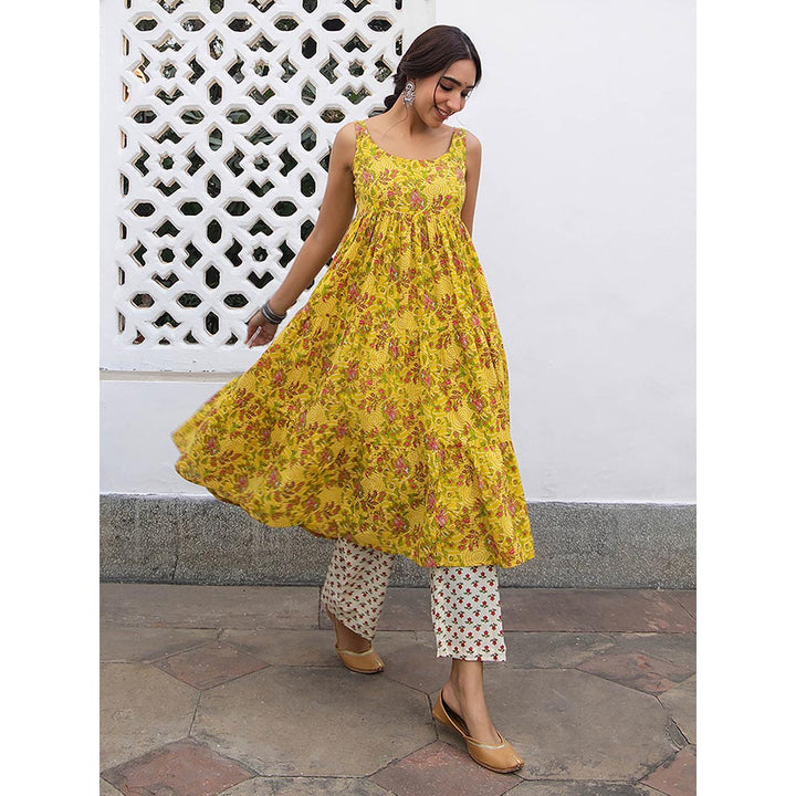 Janasya Women Mustard Floral Printed Anarkali Kurta with Pant (Set of 2)