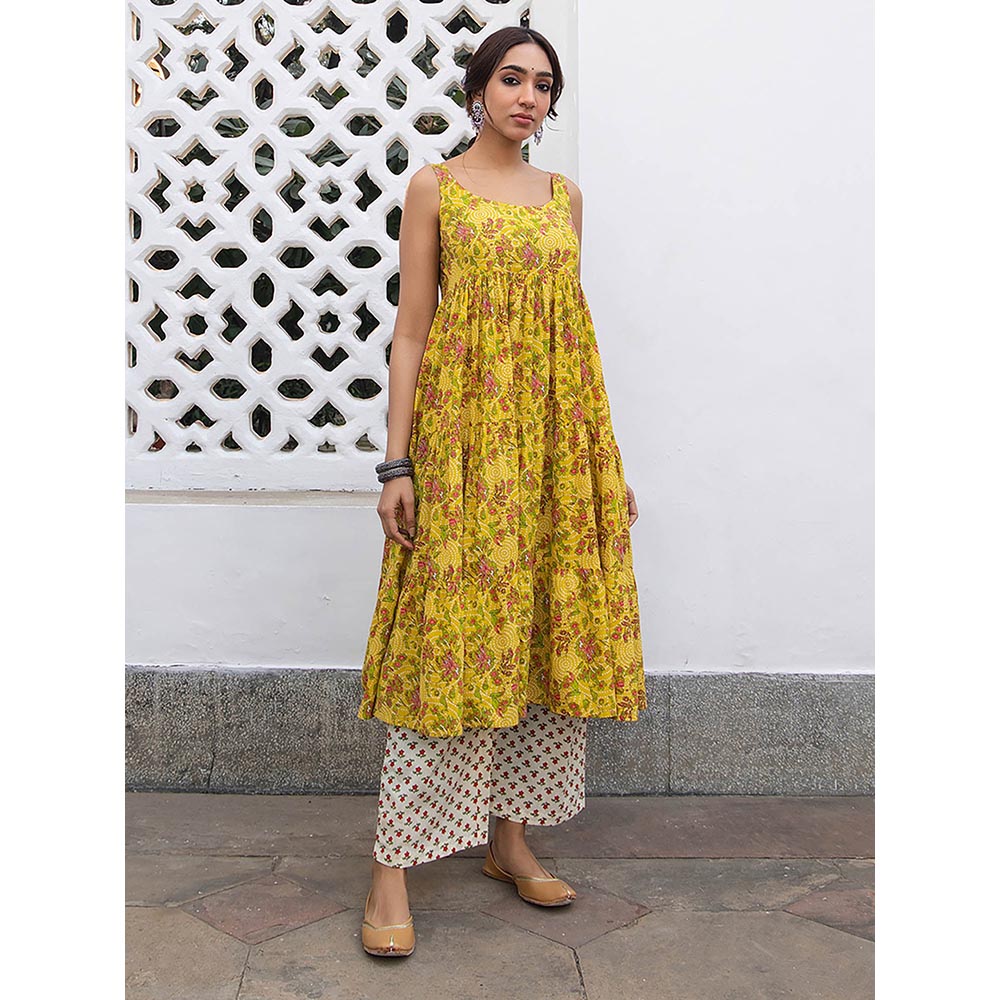 Janasya Women Mustard Floral Printed Anarkali Kurta with Pant (Set of 2)