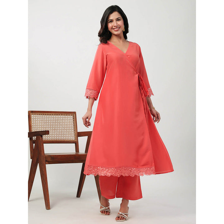 Janasya Women Peach Solid Angrakha Kurta with Pant (Set of 2)