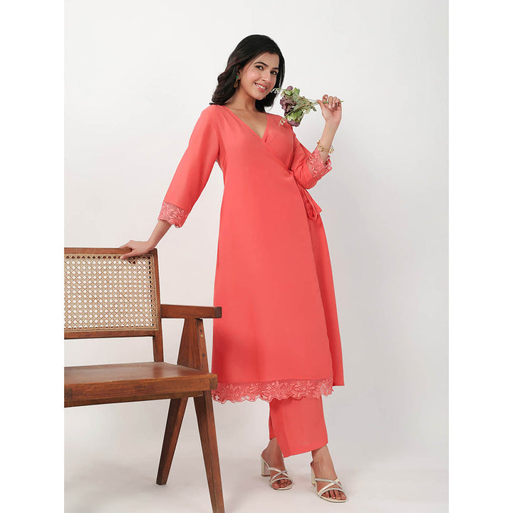 Janasya Women Peach Solid Angrakha Kurta with Pant (Set of 2)