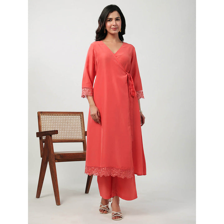 Janasya Women Peach Solid Angrakha Kurta with Pant (Set of 2)