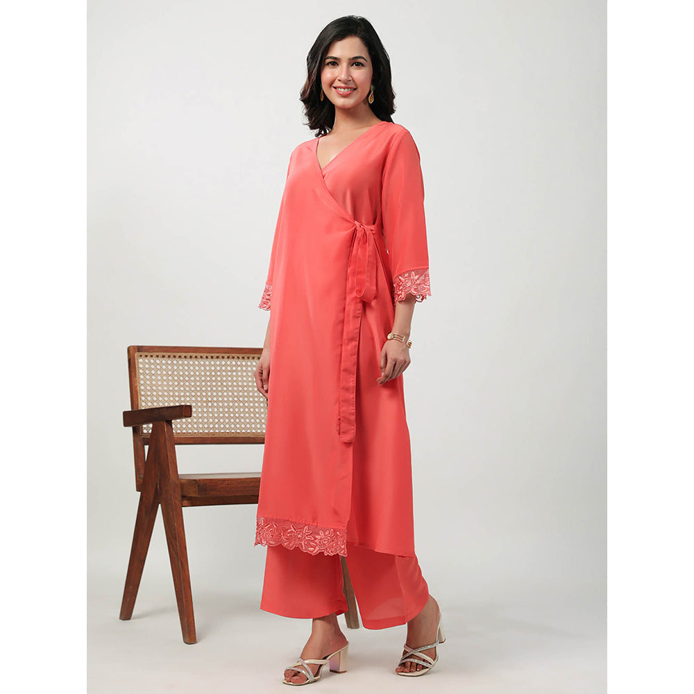 Janasya Women Peach Solid Angrakha Kurta with Pant (Set of 2)