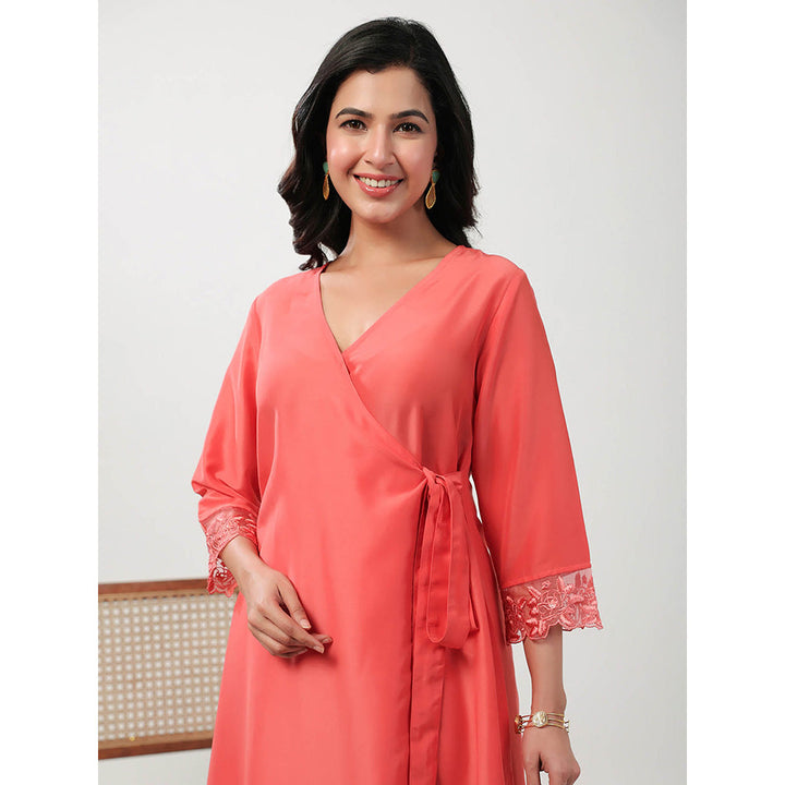 Janasya Women Peach Solid Angrakha Kurta with Pant (Set of 2)