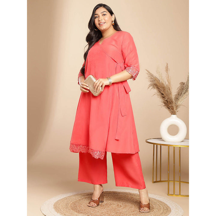 Janasya Women Plus Size Peach Solid Angrakha Kurta with Pant (Set of 2)