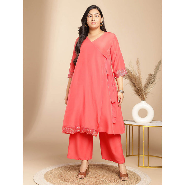 Janasya Women Plus Size Peach Solid Angrakha Kurta with Pant (Set of 2)