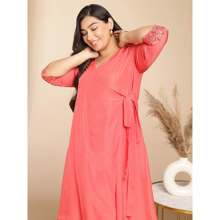 Janasya Women Plus Size Peach Solid Angrakha Kurta with Pant (Set of 2)