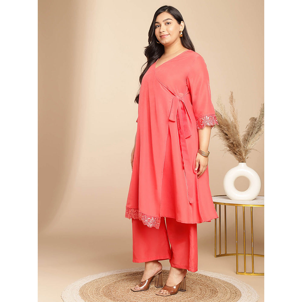 Janasya Women Plus Size Peach Solid Angrakha Kurta with Pant (Set of 2)