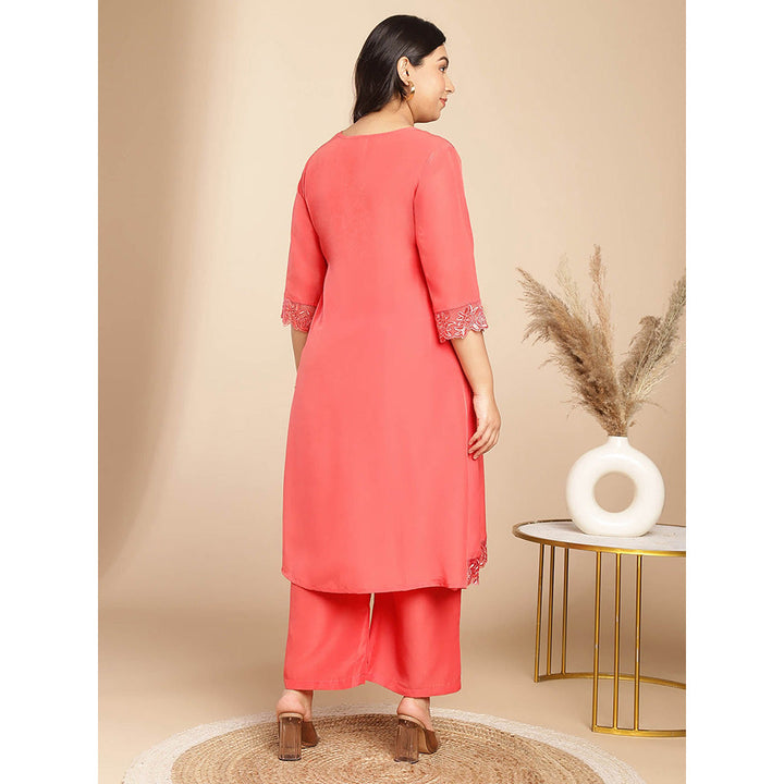 Janasya Women Plus Size Peach Solid Angrakha Kurta with Pant (Set of 2)