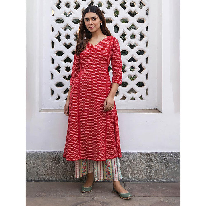 Janasya Women Red Printed Kurta with Palazzo (Set of 2)