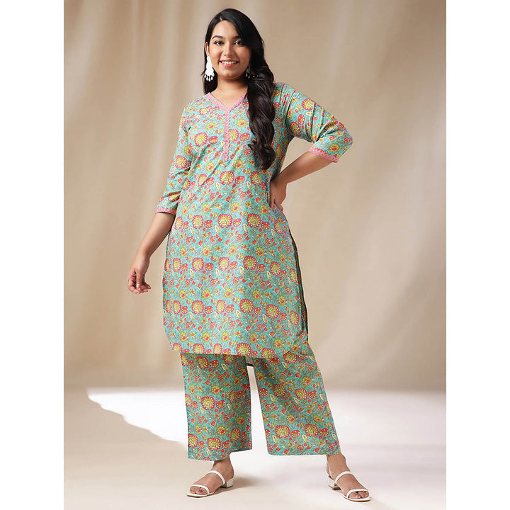 Janasya Women Plus Size Blue Floral Printed Kurta with Palazzo (Set of 2)