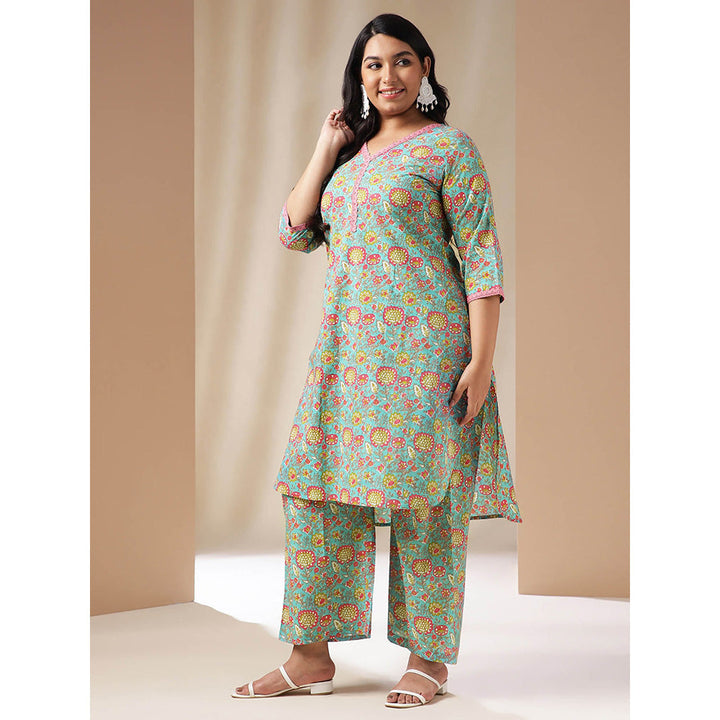 Janasya Women Plus Size Blue Floral Printed Kurta with Palazzo (Set of 2)