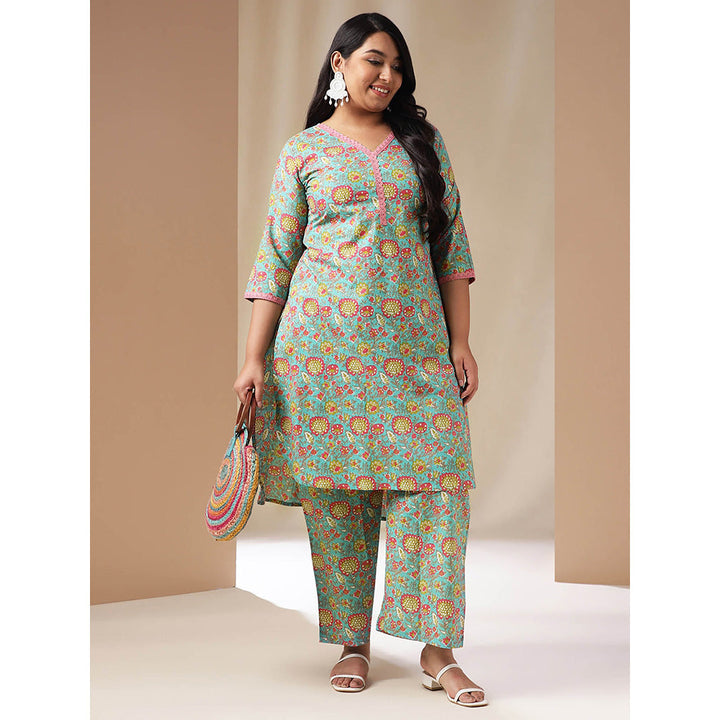 Janasya Women Plus Size Blue Floral Printed Kurta with Palazzo (Set of 2)