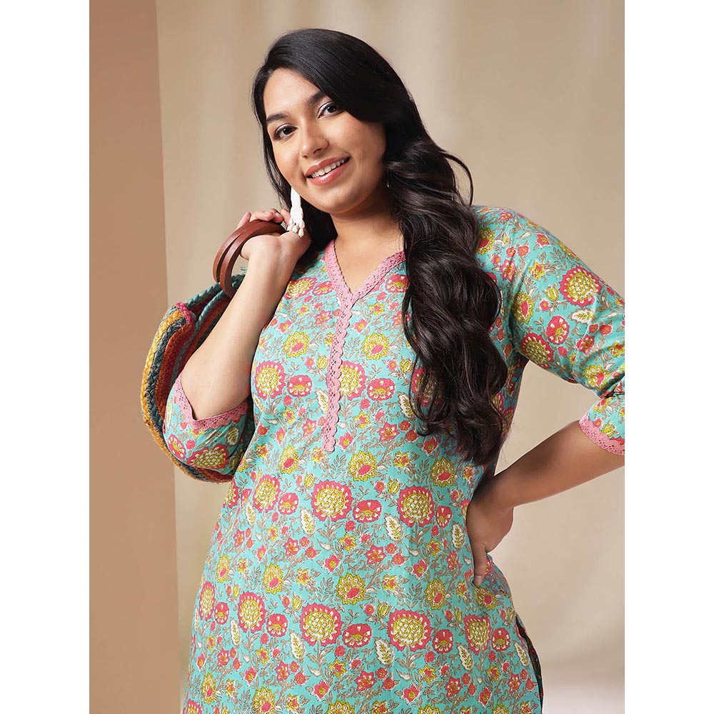 Janasya Women Plus Size Blue Floral Printed Kurta with Palazzo (Set of 2)