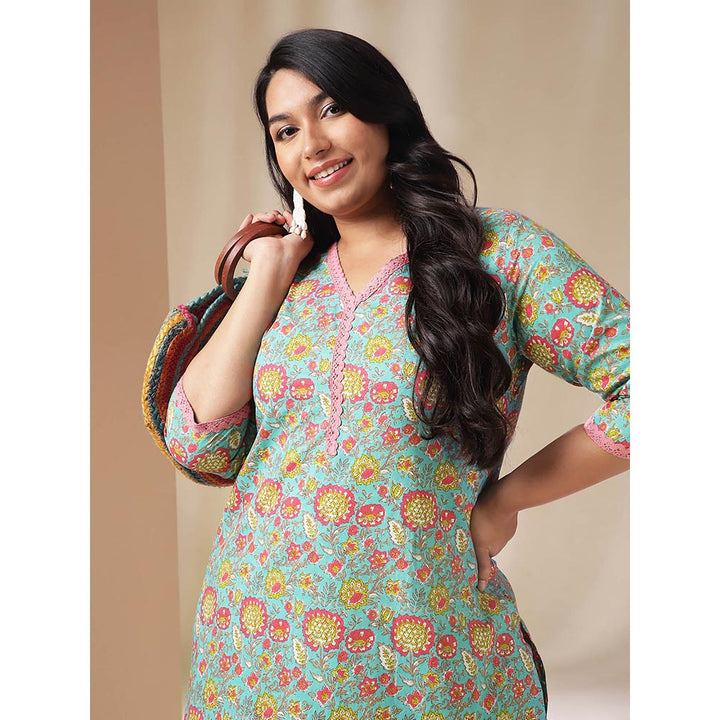 Janasya Women Plus Size Blue Floral Printed Kurta with Palazzo (Set of 2)