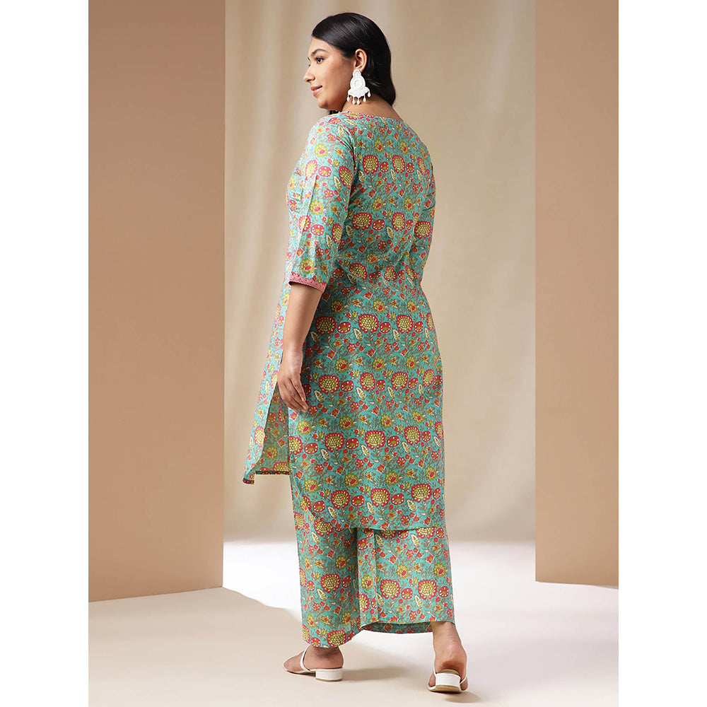 Janasya Women Plus Size Blue Floral Printed Kurta with Palazzo (Set of 2)