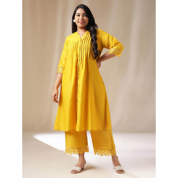 Janasya Women Plus Size Yellow Solid Kurta with Palazzo (Set of 2)