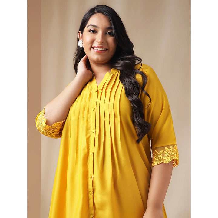 Janasya Women Plus Size Yellow Solid Kurta with Palazzo (Set of 2)