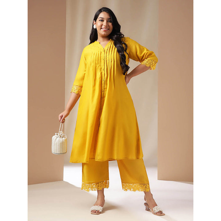 Janasya Women Plus Size Yellow Solid Kurta with Palazzo (Set of 2)