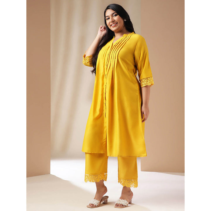 Janasya Women Plus Size Yellow Solid Kurta with Palazzo (Set of 2)