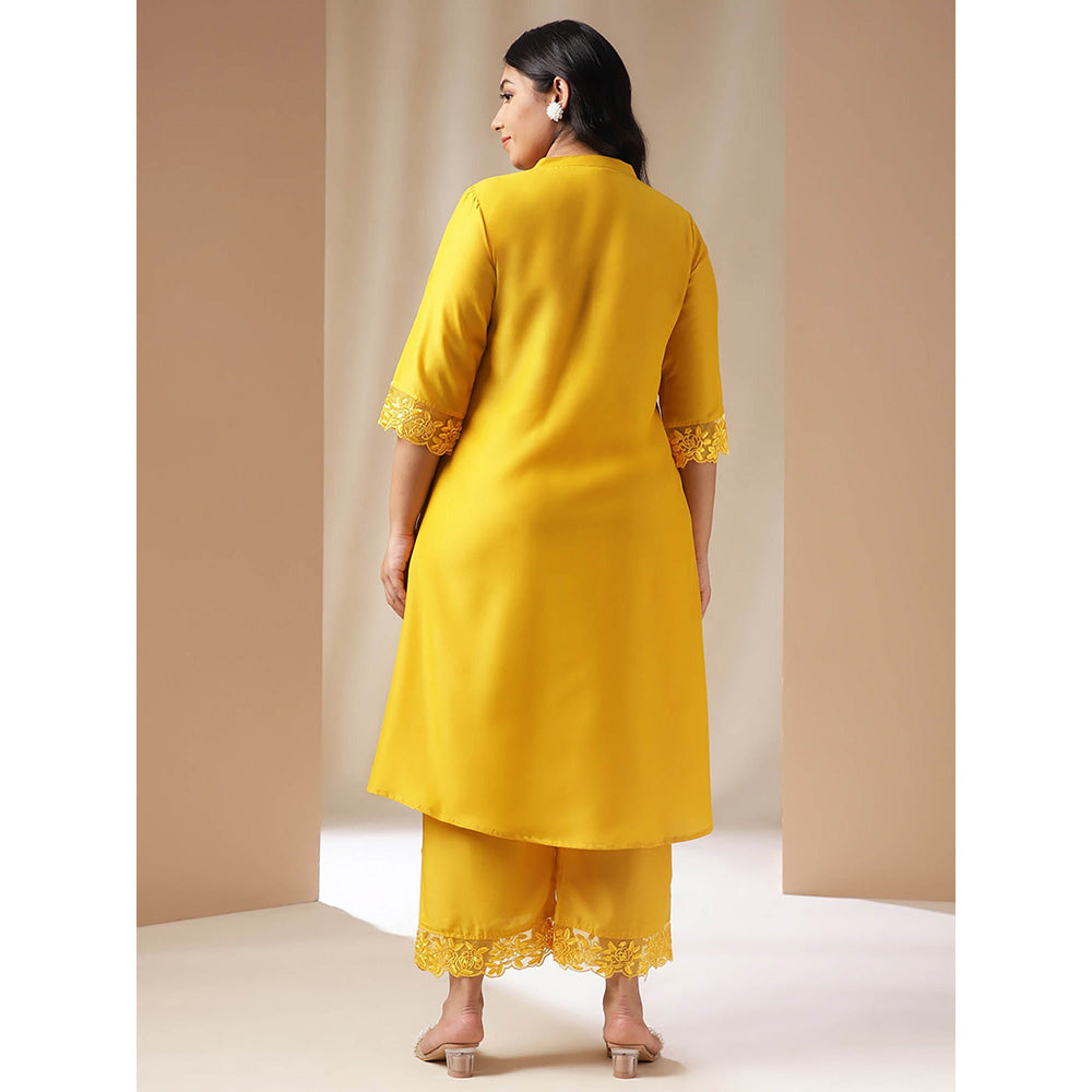 Janasya Women Plus Size Yellow Solid Kurta with Palazzo (Set of 2)