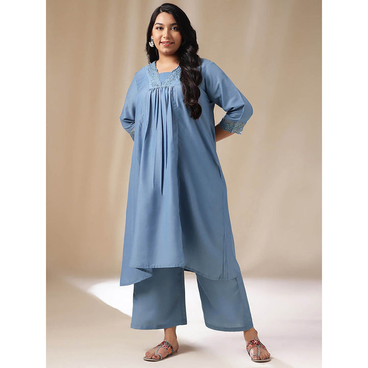 Janasya Women Plus Size Blue Embroidered Kurta with Palazzo (Set of 2)