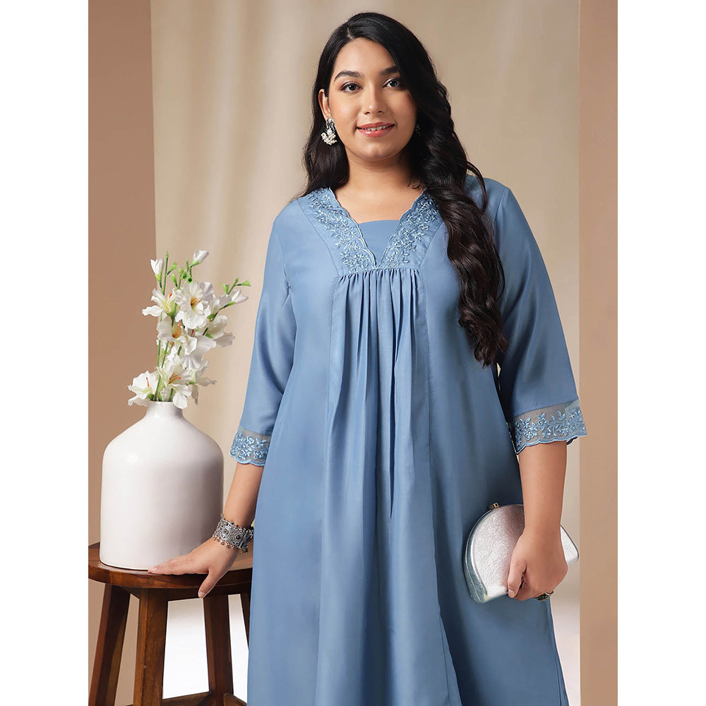 Janasya Women Plus Size Blue Embroidered Kurta with Palazzo (Set of 2)