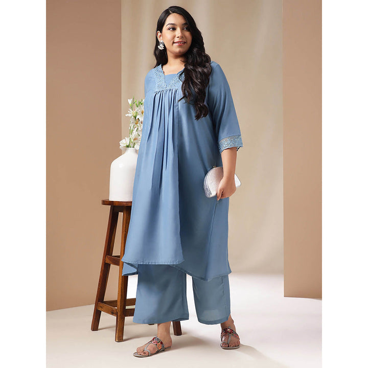 Janasya Women Plus Size Blue Embroidered Kurta with Palazzo (Set of 2)