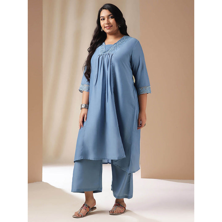 Janasya Women Plus Size Blue Embroidered Kurta with Palazzo (Set of 2)