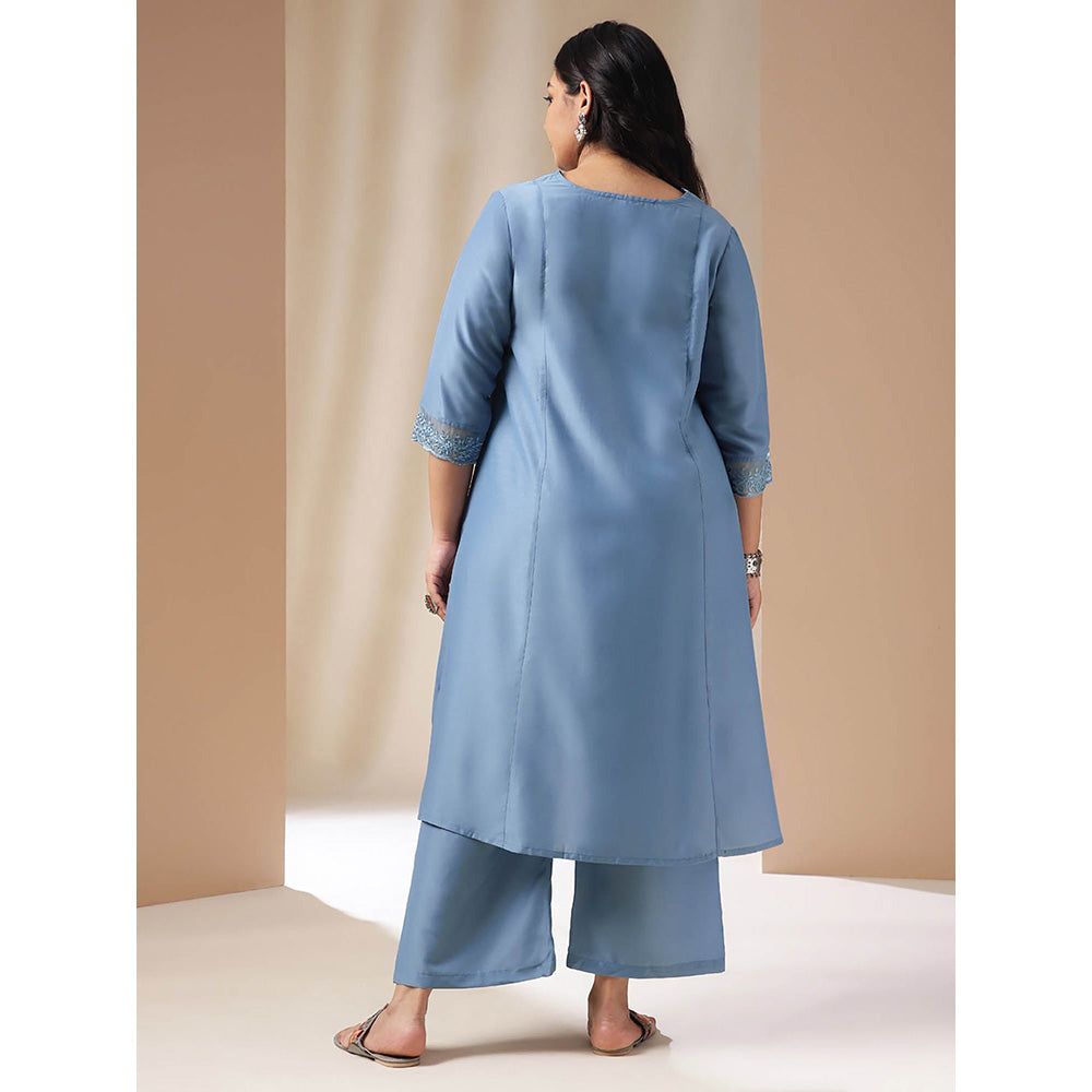 Janasya Women Plus Size Blue Embroidered Kurta with Palazzo (Set of 2)