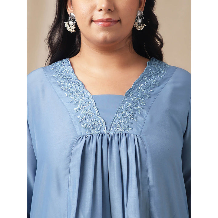 Janasya Women Plus Size Blue Embroidered Kurta with Palazzo (Set of 2)