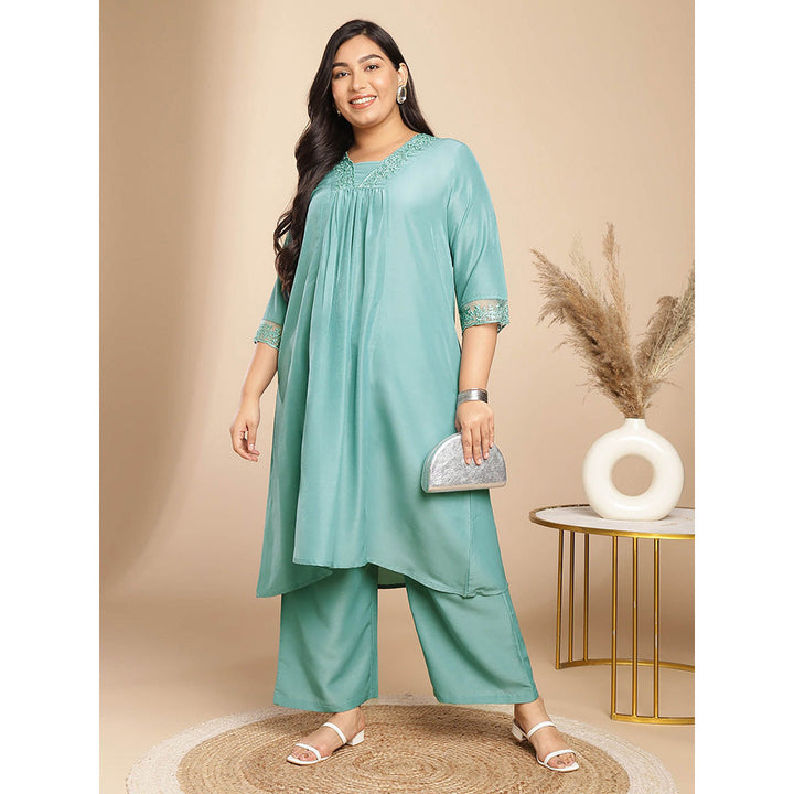 Janasya Women Plus Size Green Embroidered Kurta with Palazzo (Set of 2)