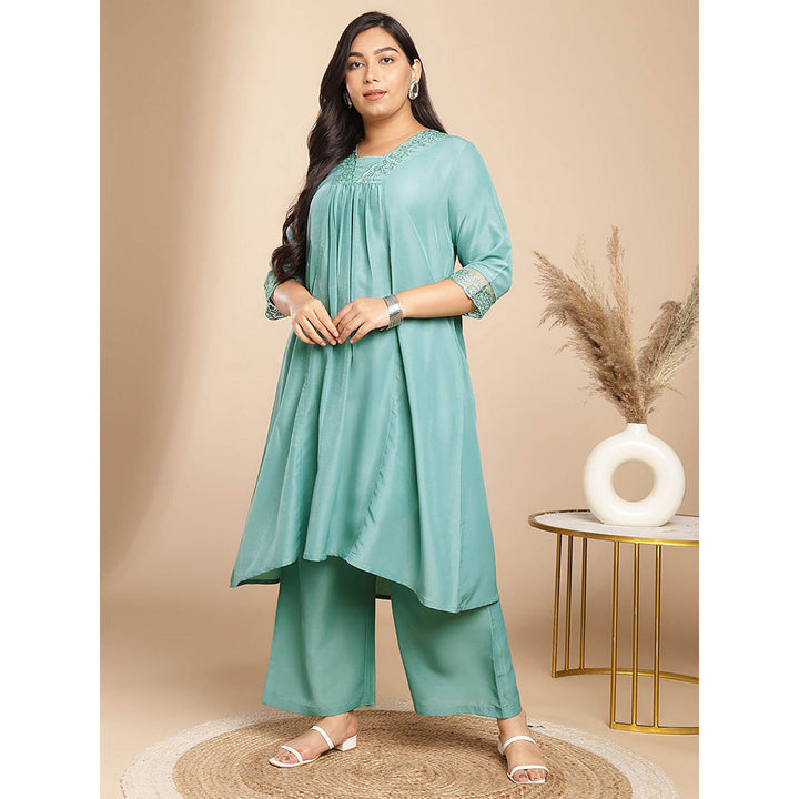 Janasya Women Plus Size Green Embroidered Kurta with Palazzo (Set of 2)