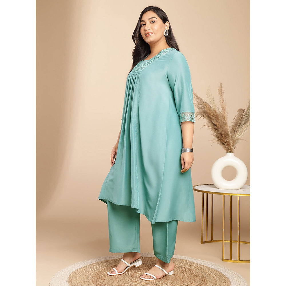 Janasya Women Plus Size Green Embroidered Kurta with Palazzo (Set of 2)