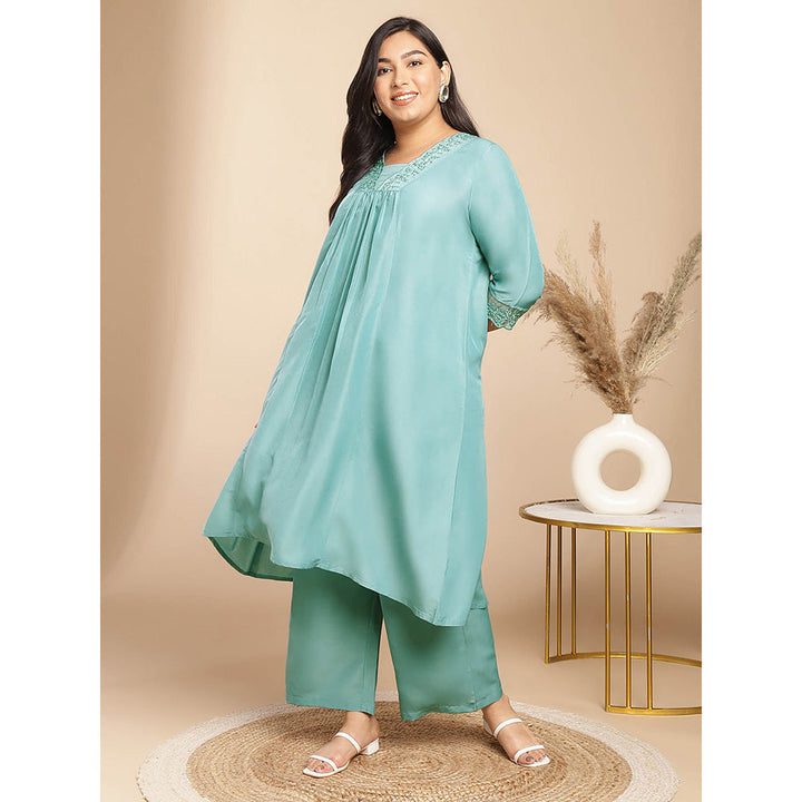 Janasya Women Plus Size Green Embroidered Kurta with Palazzo (Set of 2)