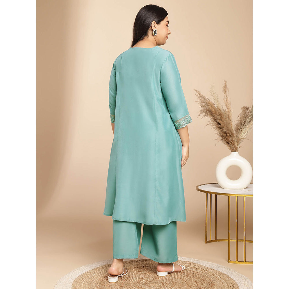 Janasya Women Plus Size Green Embroidered Kurta with Palazzo (Set of 2)