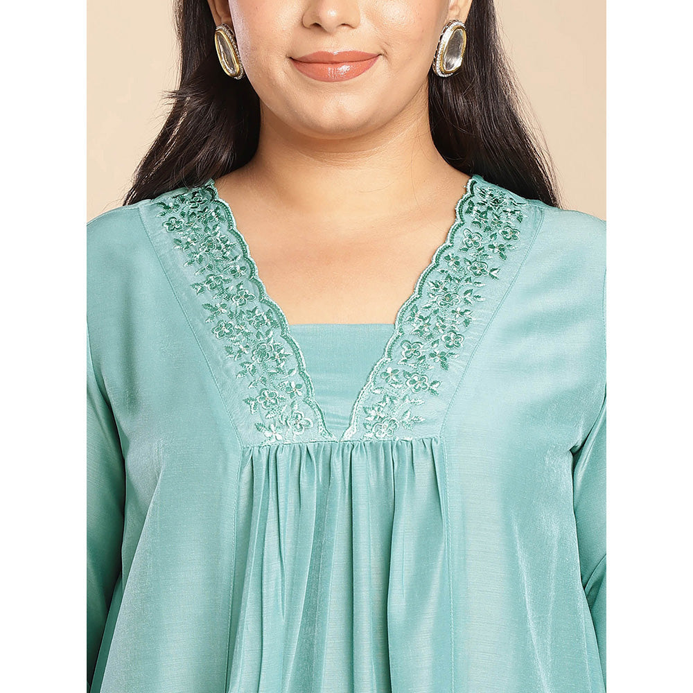 Janasya Women Plus Size Green Embroidered Kurta with Palazzo (Set of 2)