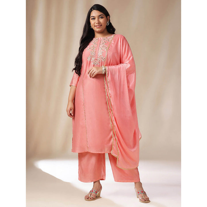 Janasya Women Plus Size Pink Embroidered Kurta with Palazzo and Dupatta (Set of 3)