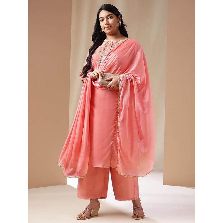 Janasya Women Plus Size Pink Embroidered Kurta with Palazzo and Dupatta (Set of 3)