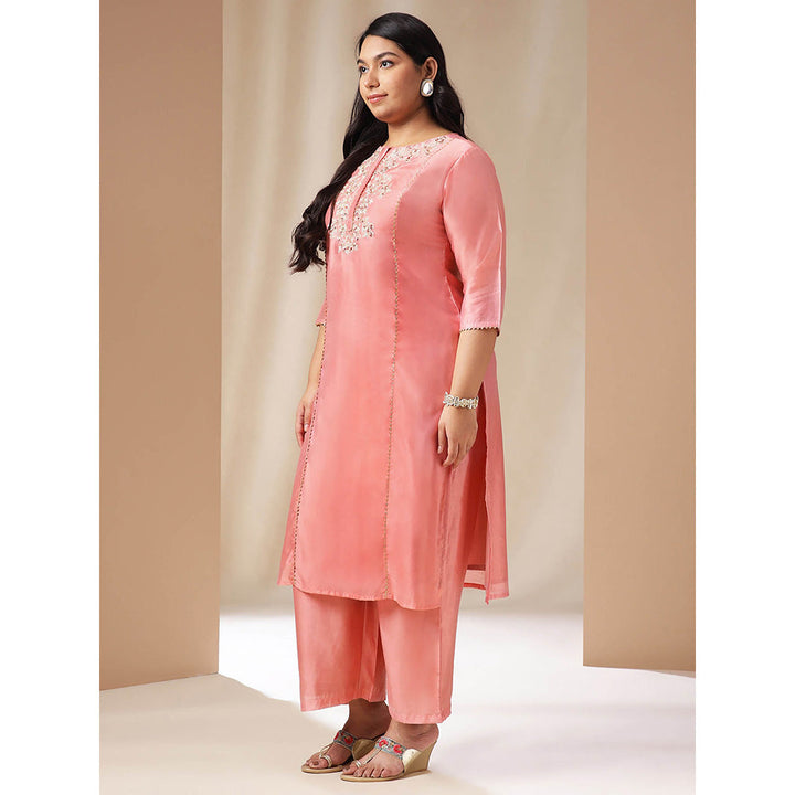 Janasya Women Plus Size Pink Embroidered Kurta with Palazzo and Dupatta (Set of 3)