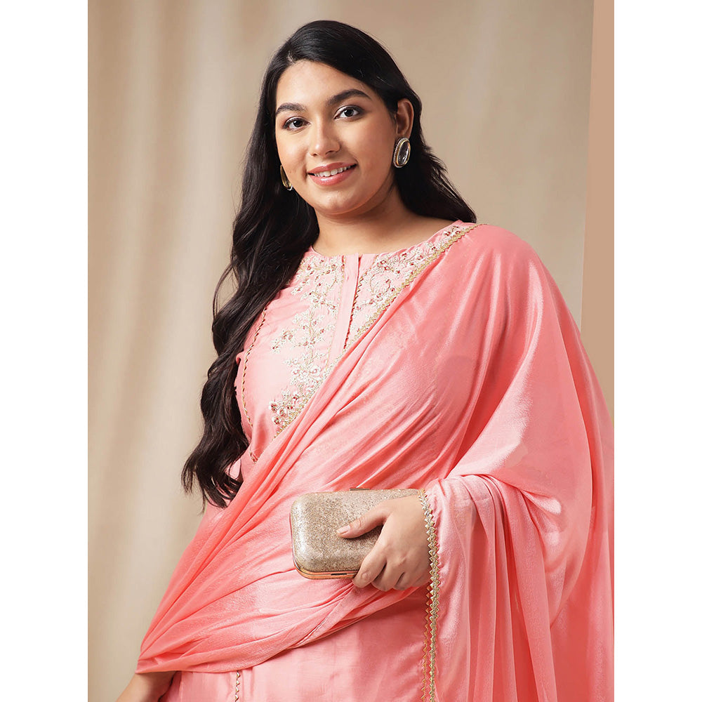 Janasya Women Plus Size Pink Embroidered Kurta with Palazzo and Dupatta (Set of 3)