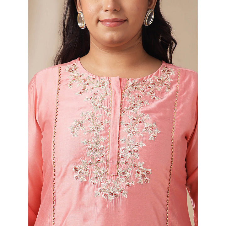 Janasya Women Plus Size Pink Embroidered Kurta with Palazzo and Dupatta (Set of 3)