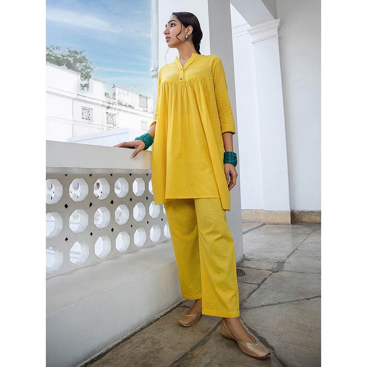 Janasya Women Yellow Self Design Kurta with Pant (Set of 2)