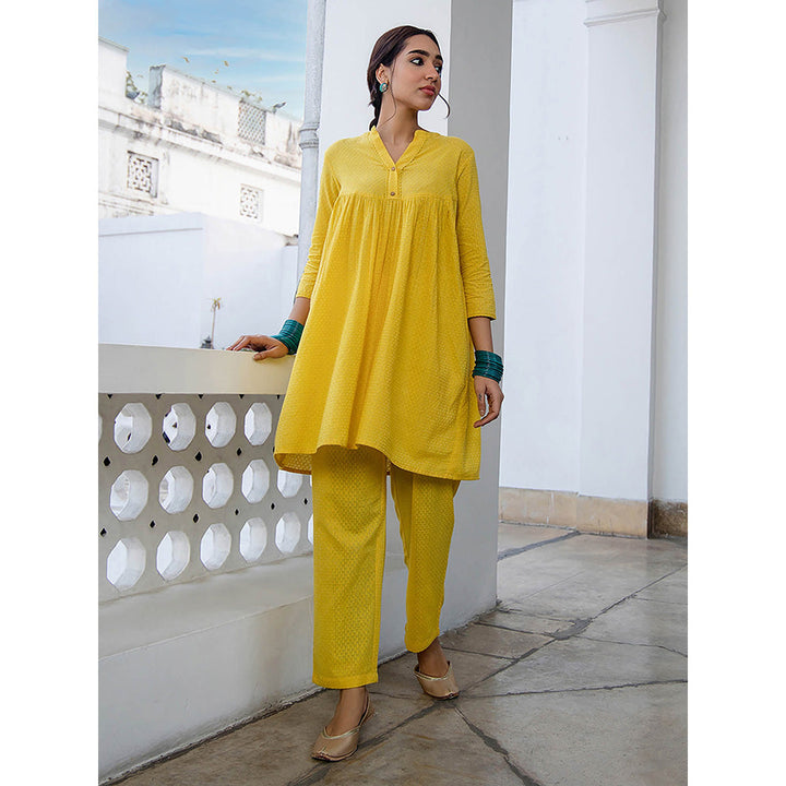 Janasya Women Yellow Self Design Kurta with Pant (Set of 2)