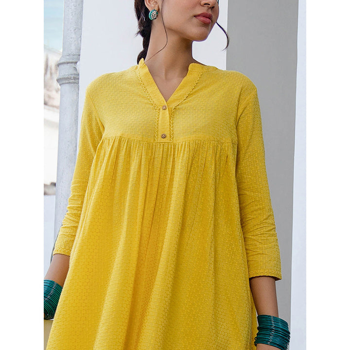 Janasya Women Yellow Self Design Kurta with Pant (Set of 2)