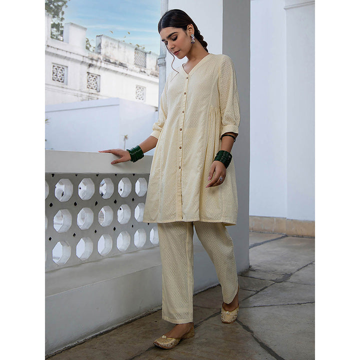 Janasya Women Cream Self Design Kurta with Pant (Set of 2)