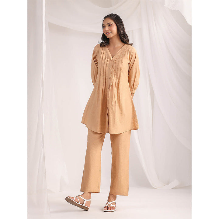 Janasya Women Beige Self Design Kurta with Pant (Set of 2)