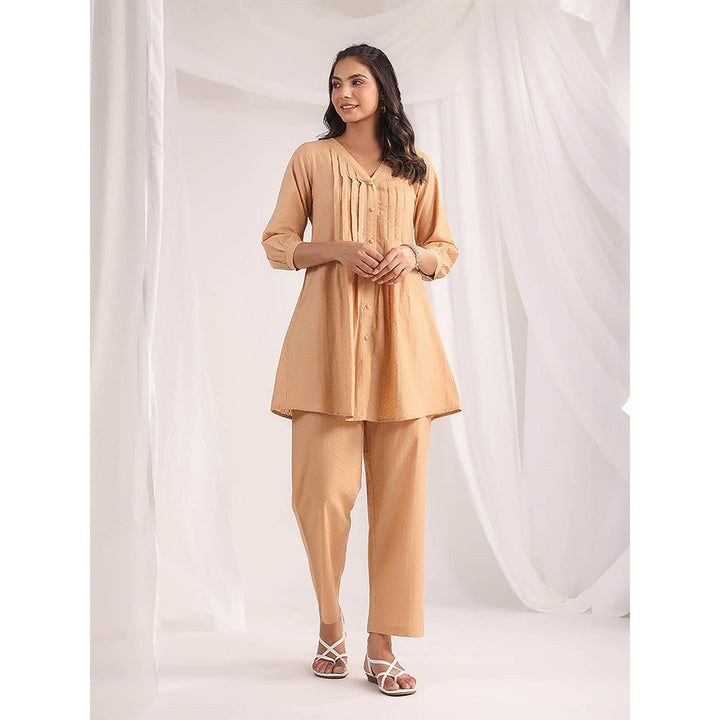 Janasya Women Beige Self Design Kurta with Pant (Set of 2)