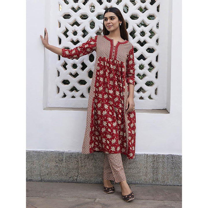 Janasya Women Red Floral Printed Kurta with Pant (Set of 2)