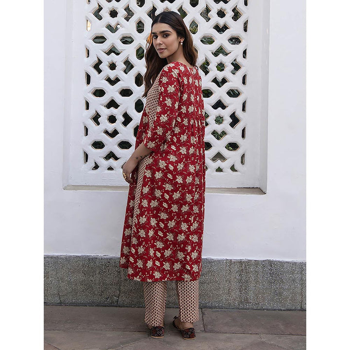 Janasya Women Red Floral Printed Kurta with Pant (Set of 2)